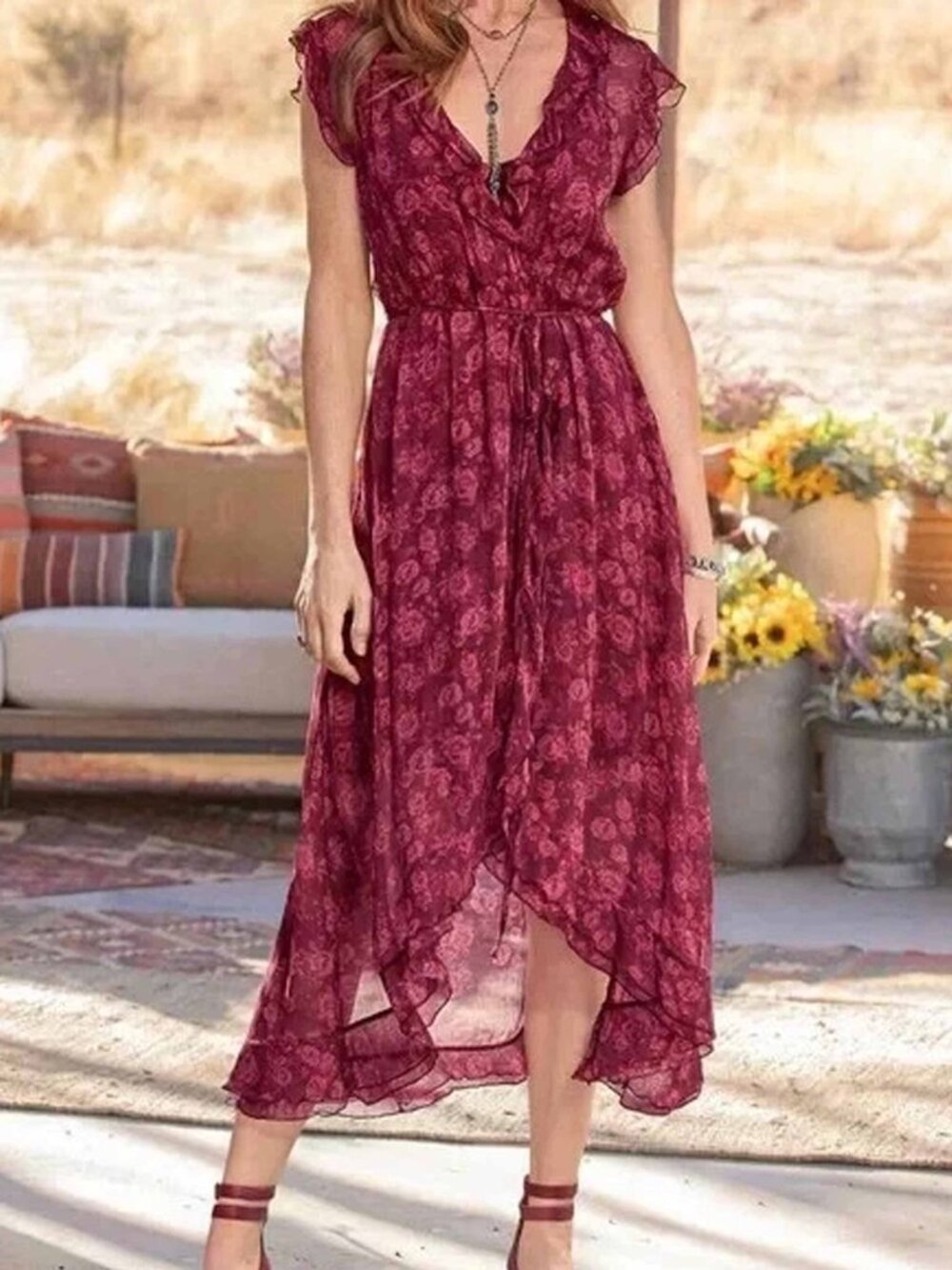 Sundance Bennington Blooms Dress Lined Size L Boho Ruffle